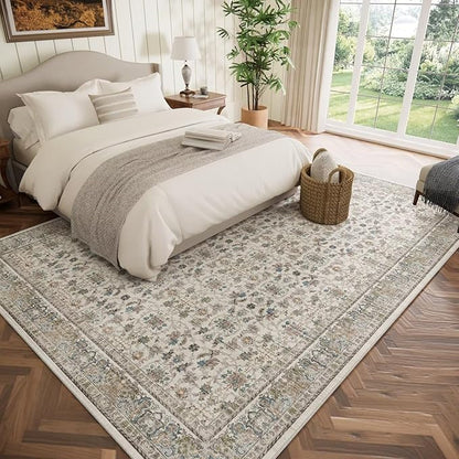 Washable 8x10 Area Rugs for Living Room, Boho Non-Slip Vintage Distress Large Rugs for Bedroom Dining Room Nursery Office, 0.3" Neutral Oriental Throw Thin Carpet,Cream/Blue/Orange/Multi,A2