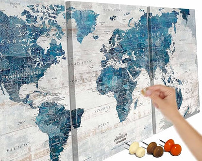 Canvas Wall Art Office Paintings Giant Modern Abstract World Maps for Wall Travel Map with Pins Blue Paintings for Living Room Bedroom Dining Room Wall Decoration