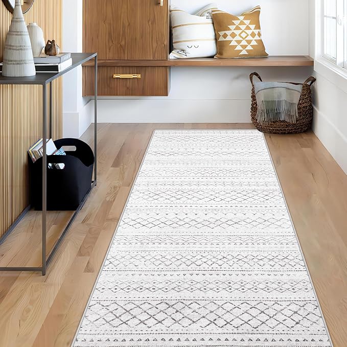 Runner Rug 2x7 Boho Geometric Area Rugs: Washable Kitchen Rug, Soft Non Slip Moroccan Long Hallway Rugs for Bedroom Bathroom Laundry Entryway Staircase Foyer(Dark Grey,2X7)
