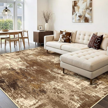 RELEANY Washable Area Rugs 6'x9' Non-Slip Modern Abstract Soft for Living Room Entryway Bedroom Nursery, Print Pattern, Brown Tan Beige Coffee