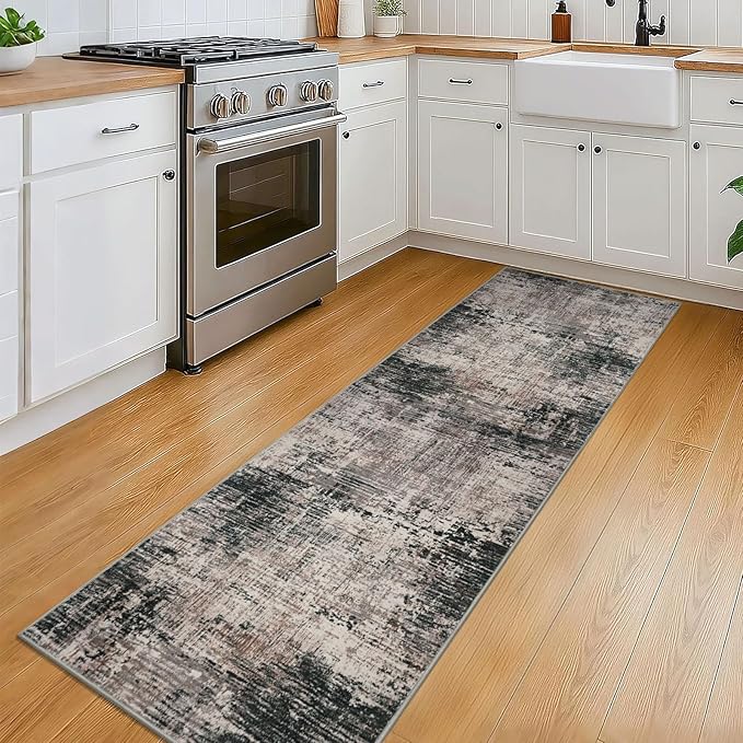 KILOCOCO Modern Abstract Runner Rug 2x6 ft Washable Hallway Runner Rug Non Slip Soft Pinted Kitchen Runners for Hallways Entryway Bedside Laundry Room Floor Runners, Black/Brown