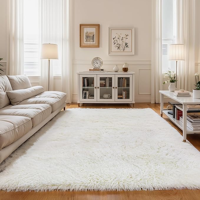 KICHOWUA Area Rug 5x7 Cream White Fluffy Shag for Girl Bedroom,Ultra Soft Plush Fuzzy Washable Thickened Non-Slip Floor Carpet,Modern Furry Shaggy Rug for Living Room Nursery Kids Boy Dorm,Ivory