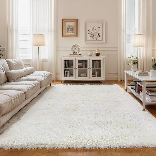 KICHOWUA Area Rug 5x7 Cream White Fluffy Shag for Girl Bedroom,Ultra Soft Plush Fuzzy Washable Thickened Non-Slip Floor Carpet,Modern Furry Shaggy Rug for Living Room Nursery Kids Boy Dorm,Ivory
