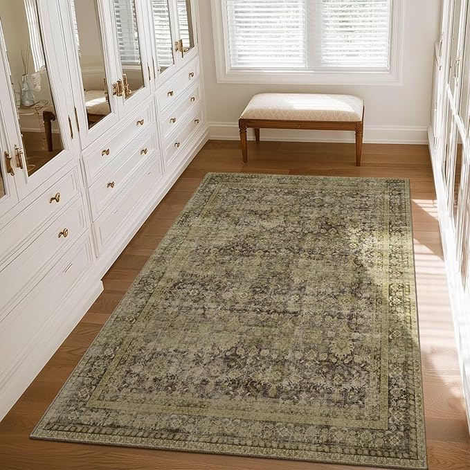 Washable 3x5 Entryway Rug, Boho Non-Slip Vintage Distress Small Rugs for Kitchen Nursery Office Bedroom, 0.3" Neutral Oriental Throw Thin Carpet with Cushioning Pad, Moss/Yellow/Multi, C3