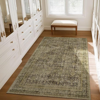 Washable 3x5 Entryway Rug, Boho Non-Slip Vintage Distress Small Rugs for Kitchen Nursery Office Bedroom, 0.3" Neutral Oriental Throw Thin Carpet with Cushioning Pad, Moss/Yellow/Multi, C3
