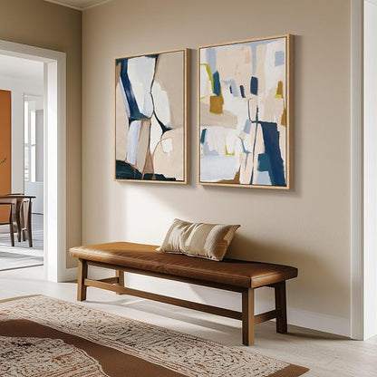 Large Framed Neutral Abstract Wall Art for Living Room, Set of 2 Bright Modern Canvas Prints Paintings Artwork for Walls, Colorful Abstract Pictures for Hallway Stair Bedroom Office Wall Decor 24x36 In
