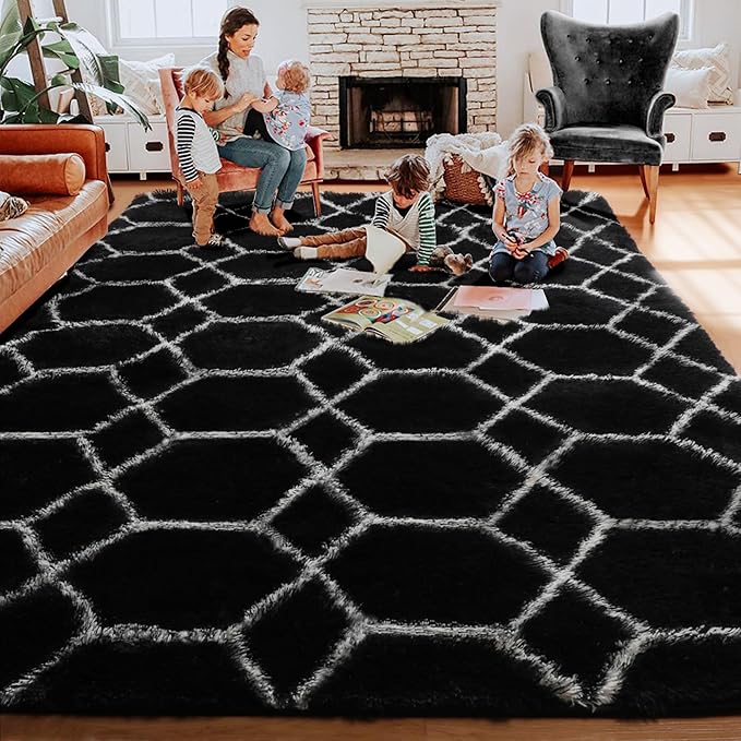 ONASAR 7x9 Area Rugs for Living Room Bedroom, Large Fluffy Black and White Throw Rug, Geometric Soft Plush Shaggy Indoor Floor Carpet for Nursery Kids Girls Boys Teen Dorm Home Decor Aesthetic