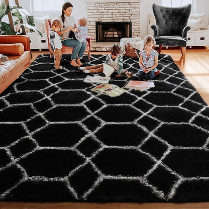 ONASAR 7x9 Area Rugs for Living Room Bedroom, Large Fluffy Black and White Throw Rug, Geometric Soft Plush Shaggy Indoor Floor Carpet for Nursery Kids Girls Boys Teen Dorm Home Decor Aesthetic