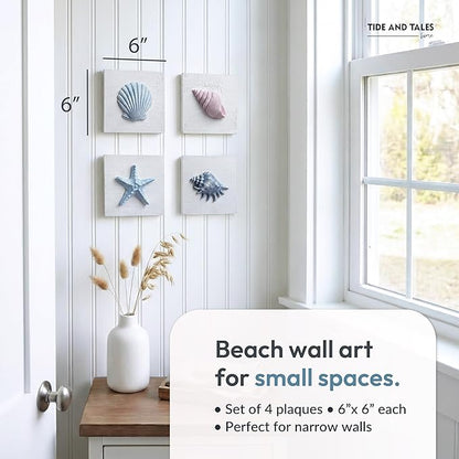 TideAndTales Beach Decor Seashell Wall Art - (Set of 4) Textured 3D Shells and Starfish Decorations for Home or Beach House, Rustic Ocean Theme Coastal Bedroom or Bathroom Wall Decor 6" x 6"