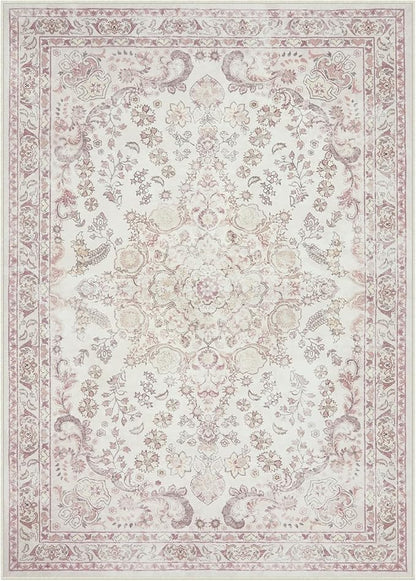 Wonnitar Vintage Floral Rugs for Bedroom Girls, 5x7 Washable Pink Nursery Rug for Baby, Ultra-Thin Non Slip Soft Medallion Carpet for Aesthetic Decor Toddler Kids Room Living Room