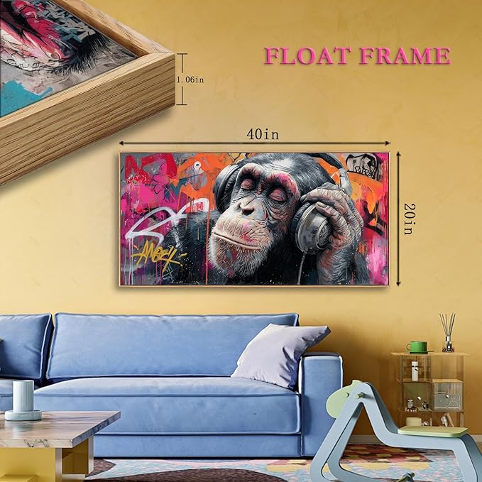 Sorbrozo DJ Gorilla Canvas Wall Art with Wood Frame - Vibrant Street Graffiti Animal Painting Music Themed Ready to Hang Decor for Living Room Bedroom & Man Cave 20x40in