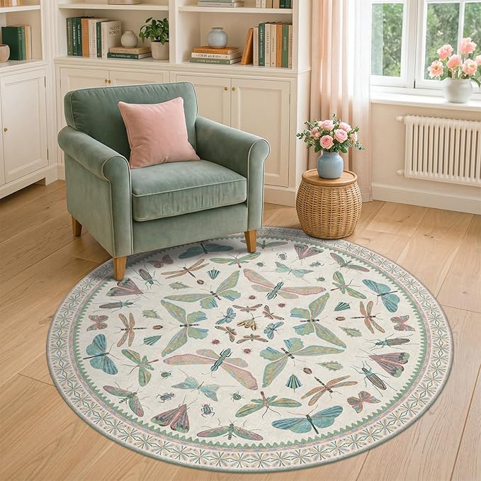 Insect Light Green 5ft Round Area Rug for Living Room - Washable Floral Fun Kids Rugs for Bedroom, Playroom, Boho & Butterfly Design - Low Pile Soft Circle Carpet