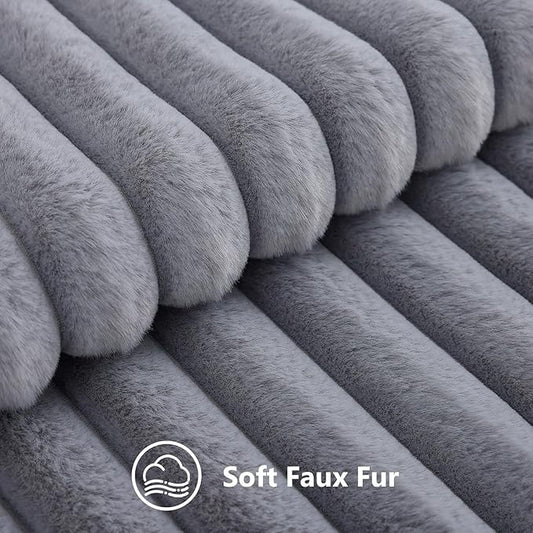 decorUhome Cozy Faux Fur Throw Pillow Covers 24x24 Set of 2 Decorative Soft Plush Striped Modern Farmhouse Boho Couch Euro Sham Pillow Cases with Velvet Back for Sofa Bed Living Room, Grey