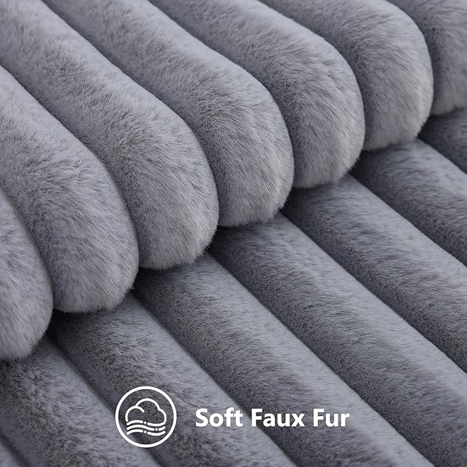decorUhome Cozy Faux Fur Throw Pillow Covers 26x26 Set of 2 Decorative Soft Plush Striped Modern Farmhouse Boho Couch Euro Sham Pillow Cases with Velvet Back for Sofa Bed Living Room, Grey