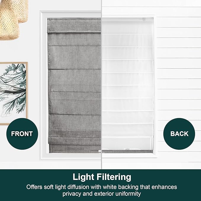CHICOLOGY Cordless Roman Shade, Light Filtering Privacy Liner, Textured Belgian Denim Fabric, True-to-Size 39" W x 64" H, Inside/Outside/Ceiling Mount Window Treatment for Living Room Bedroom