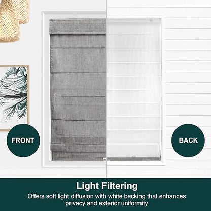 CHICOLOGY Cordless Roman Shade, Light Filtering Privacy Liner, Textured Belgian Denim Fabric, True-to-Size 34" W x 64" H, Inside/Outside/Ceiling Mount Window Treatment for Living Room Bedroom