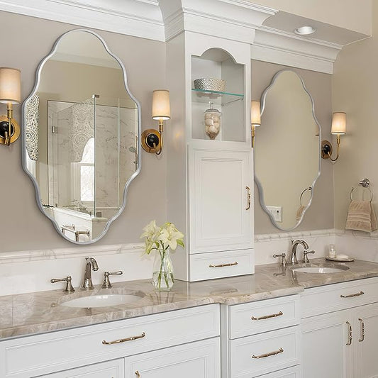 Scalloped Mirror for Bathroom - 26"x46" Silver Bathroom Mirror with Aviation Aluminum Alloy Frame & Shatter-Proof Glass for Living Room Bedroom Entryway, Brushed Silver Frame(x1)
