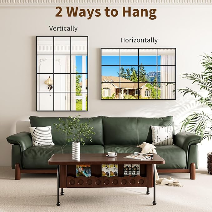 Window Pane Mirror, 38x26 Decorative Wall Mirrors, Black Metal Framed Windowpane Mirror for Farmhouse & Modern Bedroom, Living Room, Dining Room, Entryway, Fireplace Decor with Hanging or Leaning