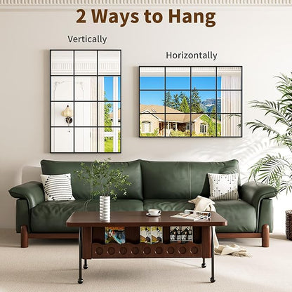 Window Pane Mirror, 38x26 Decorative Wall Mirrors, Black Metal Framed Windowpane Mirror for Farmhouse & Modern Bedroom, Living Room, Dining Room, Entryway, Fireplace Decor with Hanging or Leaning