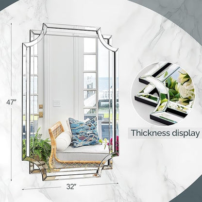Chende 32" x 47" Large Wall Mirror for Living Room Decor, Modern Unique Decorative Mirror with Beveled Glass Scalloped Corner, Horizontal or Vertical Hanging for Entryway, Dining Room, Bathroom