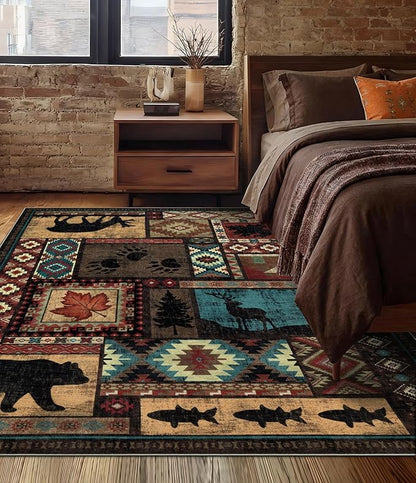 YIHOUSE Rustic Cabin Area Rug 5x7,Machine Washable Lodge Bear Rug,Non-Slip Low Pile Print Pattern Southwestern Rug for Living Room Bedroom