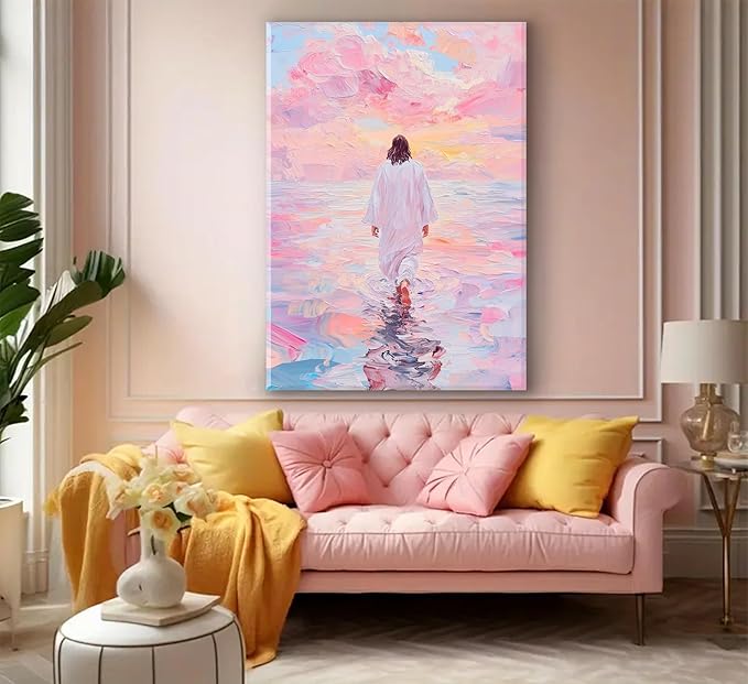 Jesus Canvas Wall Art Pink Jesus Walks on Water Canvas Paintings Prints Religious Savior Wall Decor Christian Bible Stories Poster printing Artwork for Living Room Bedroom Church Decoration 24x36in