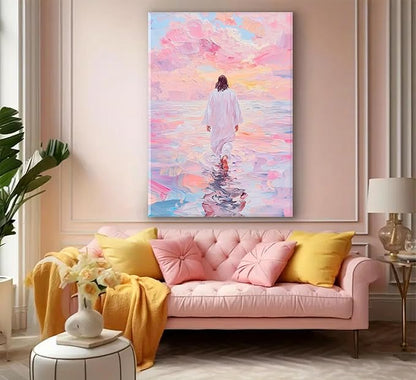 Jesus Canvas Wall Art Pink Jesus Walks on Water Canvas Paintings Prints Religious Savior Wall Decor Christian Bible Stories Poster printing Artwork for Living Room Bedroom Church Decoration 16x24in