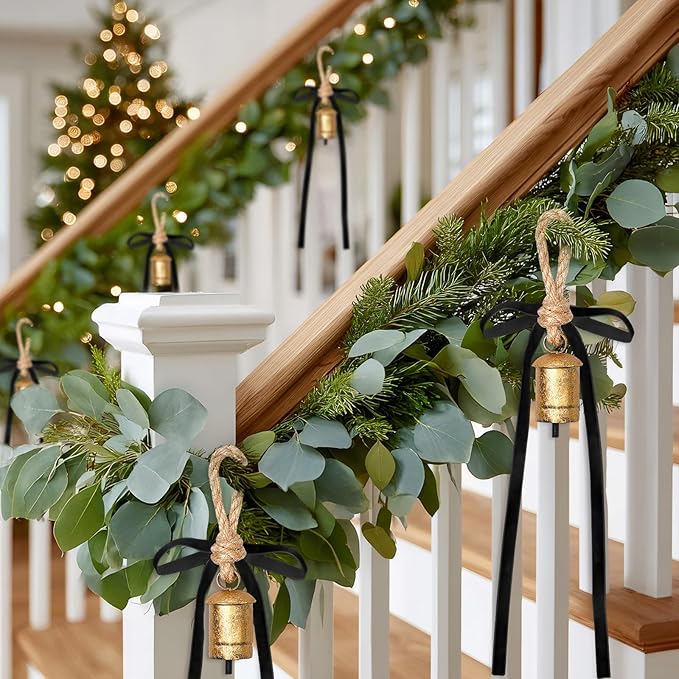 Suncalla 6 Pcs Rustic Gold Bells with 6 Pcs Black Velvet Bows Mini Handmade Hanging Ornament Decorative Antique Bells Velvet Bows for Xmas Tree Crafts Door Wreath Decoration DIY Party Supplies