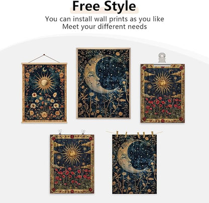 Tocliky Moon Sun Gothic Wall Art Tarot Card Celestial Canvas Poster Witchy Vintage Wall Decor Boho Floral Aesthetic Painting Dark Academia Mystical Astrology Posters for Bedroom 16x24x3 Inch Unframed