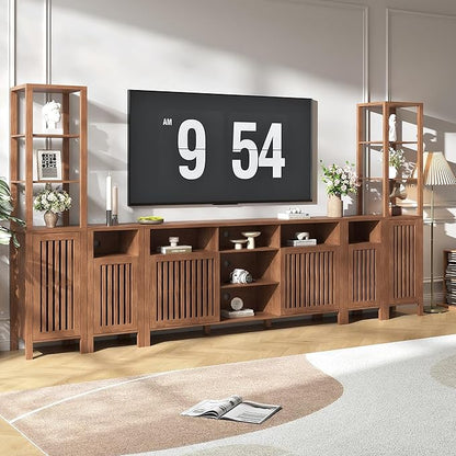 BVIUNTWO Farmhouse TV Stand for 100 inch TVs, Entertainment Center with Bookshelves, 6 Door Media Console with Adjustable Shelves, Storage Cabinet for Living Room Bedroom Home Theater, Rustic Brown