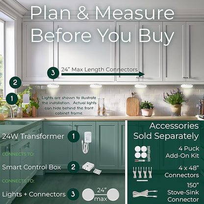 4 Puck Kit - Super Bright Wide Angle Light Spread - Smart Under Cabinet Lighting - 2700K-6500K - 95 CRI - WWA - Works With Alexa, Google, Apple - Matter Certified - Plug-In - Hands-Free Control Box