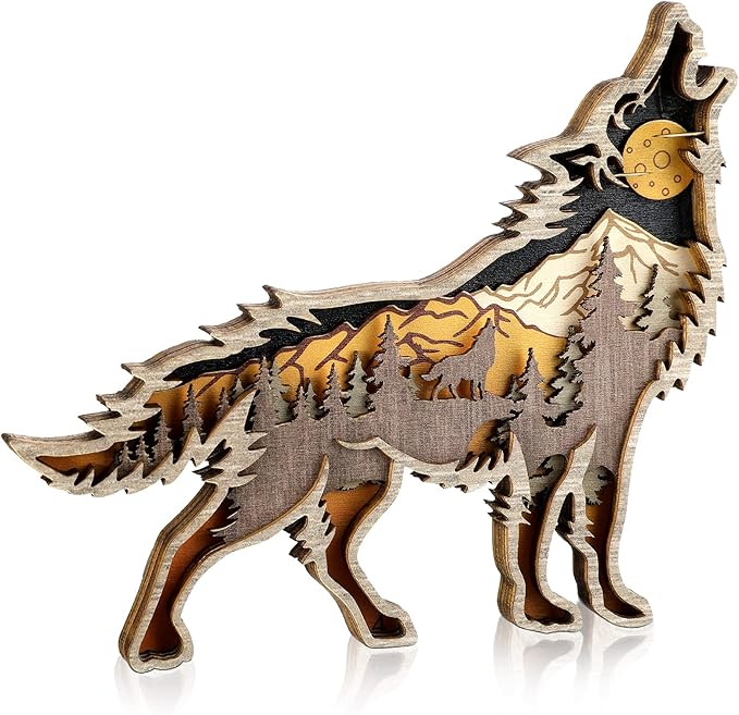 Honoson Forest Animal Rustic Wall Art Decor Wooden Farmhouse Wall Decoration Wooden Animal Decor Wood Forest and Mountain Ornaments for Cabin Bedroom Living Room Decor(Brown,Wolf Style)