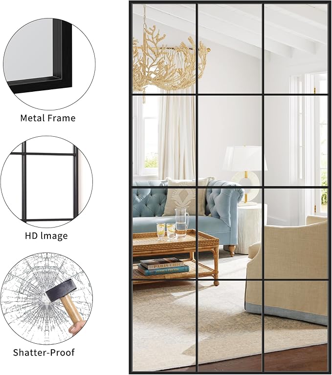 Rectangle Window Mirror Wall Mounted, 30"×55" Window Pane Mirror Wall Decor Metal Framed, Large Black Mirror for Bedroom Living Room Fireplace Entryway Hanging or Leaning Against Wall