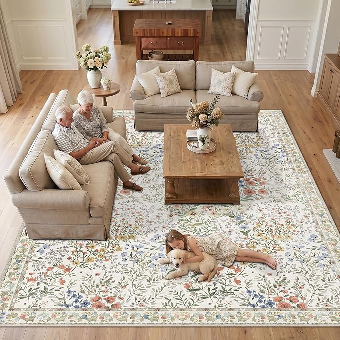 12x12 Square Area Rug Living Room: Boho Floral Washable Mat for Dining Room Bedroom Office High Traffic Area Soft Non Slip Low Pile Indoor Carpet for Vintage Farmhouse Home Decor (12ft Square, Beige)