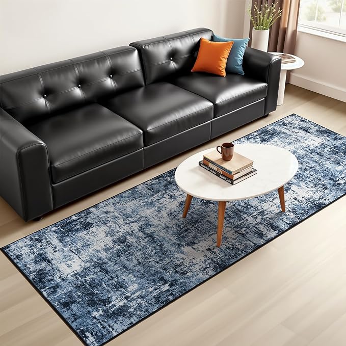 Rugflix 2x10 Runner Rug for Entryway, Kitchen Rugs Soft Non-Slip Washable Runners for Hallway, Abstract Small Carpet with Non-Slip Rubber for Bedroom, Living Room, Navy Blue/Black