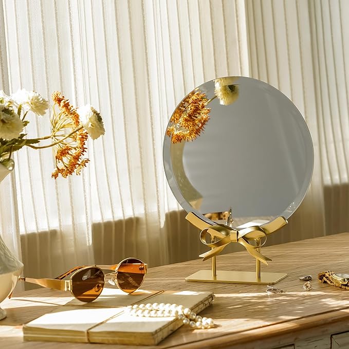 Golden Round Makeup Mirror with Bow Stand - Detachable Base French-Inspired Elegant Tabletop Luxury Vanity Mirror for Living Room, Bedroom, 7.95 x 10.04 Inches