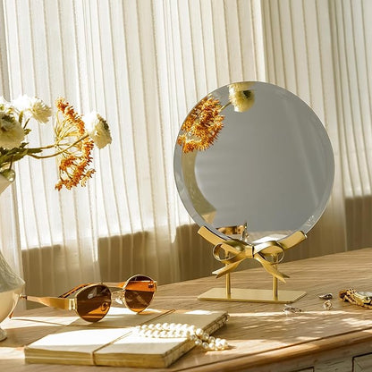 Golden Round Makeup Mirror with Bow Stand - Detachable Base French-Inspired Elegant Tabletop Luxury Vanity Mirror for Living Room, Bedroom, 7.95 x 10.04 Inches