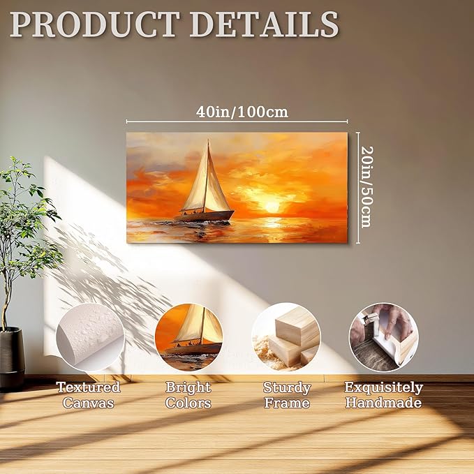 SERIMINO Sailboat Large Wall Art, Ocean Sunset Landscape Canvas Painting, Nature Nautical Scenery Art Prints, Orange Aesthetic Pictures Wall Decor Living Room Bedroom Bathroom Home Office 20"X40"