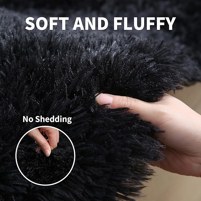 KICHOWUA Thick Area Rug Black Fluffy Shag 5x7 for Bedroom, Ultra Soft Plush Fuzzy Washable Thickened Non-Slip Floor Carpet, Modern Cozy Furry Rug for Living Room Kids Baby Boys Girls Nursery Dorm