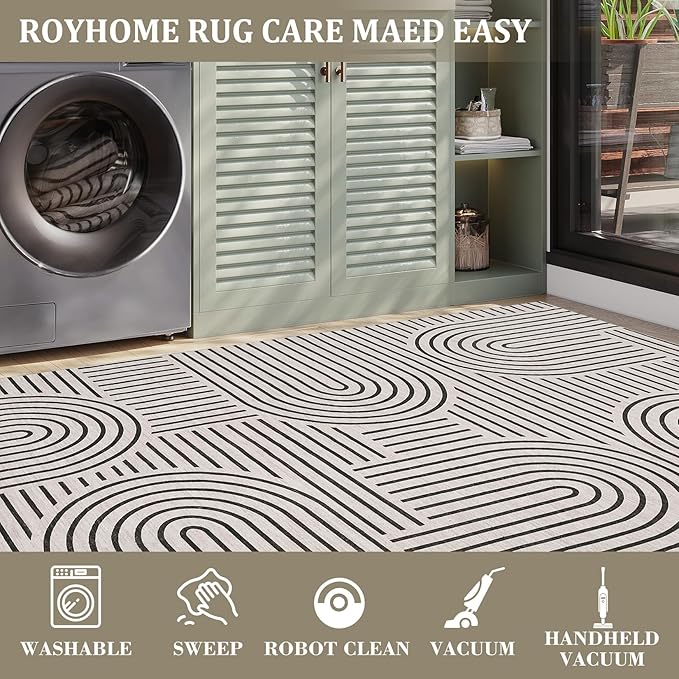Washable Rug 3x5 Area Rugs for Living Room, Abstract Rug for Bedroom, Soft Rainbow Non Slip Throw Rugs with Rubber Back, Low Pile Stain Resistant Boho Geometric Carpet for Dining Room, LightCamel