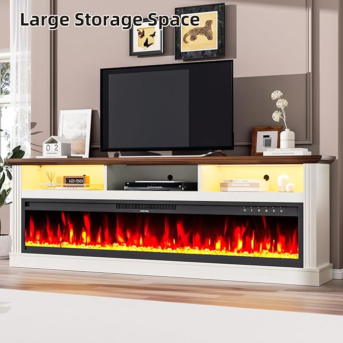 58" Fireplace TV Stand, TV Stand with 52" Fireplace, LED Light Entertainment Center with Storage Cabinets, Modern Media TV Console TV Table for Living Room, White