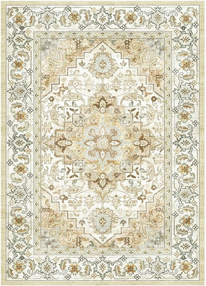 Lessymo 5x7 Area Rugs- Machine Washable Area Rugs, Super Soft Faux-Wool Area Rug for Living Room Bedroom, Boho Area Rug Vintage Floral Medallion Non-Slip Low Pile, Kid & Pet Friendly, Beige