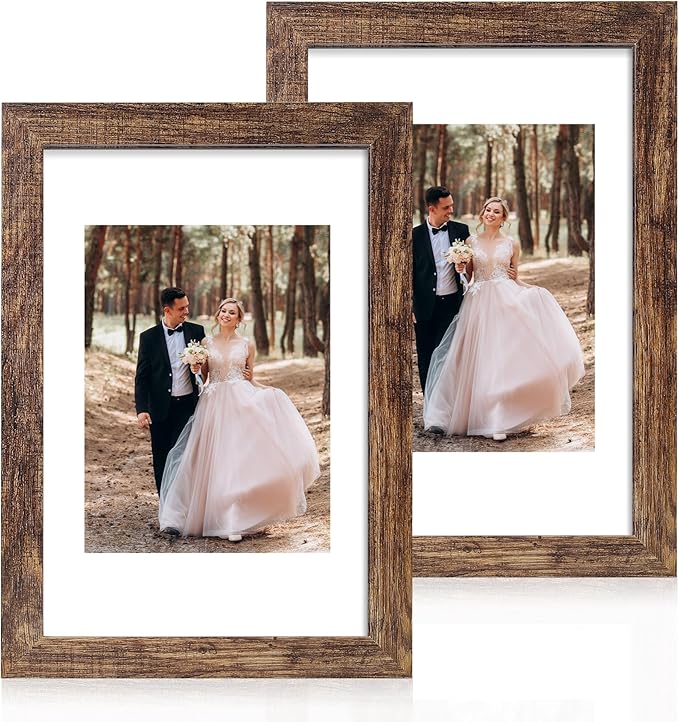iRahmen 8x12 Picture Frame with Mat 6x8 - High Definition Real Glass Wooden Photo Frames for Tabletop Display and Wall Mounting (Brown, Set of 2)