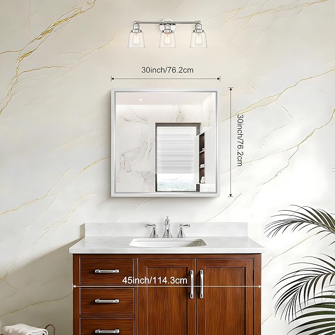 30 x 30 Silver Bathroom Mirror, Brushed Silver Square Mirror for Wall, 0.6" Thickened Deep Frame Mirrors for Bathroom Sink, Shatterproof Tempered Glass, Antirust, Horizontally or Vertically