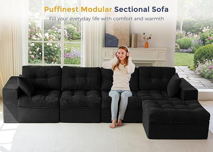 MAXYOYO 132" L Shaped Modular Sectional Sofa with Ottoman, Cloud Boneless Couch with Layered Cushion, Upholstered Sofa in a Box, Flexible Module Combination for Living Room, No Assembly, Black