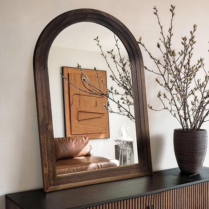 TRAHOME Arched Bathroom Mirror, 38"x26" Brown Wood Frame Wall Mirror, Farmhouse Vintage Vanity Mirror with Layered Frame for Entryway, Living Room, Bedroom