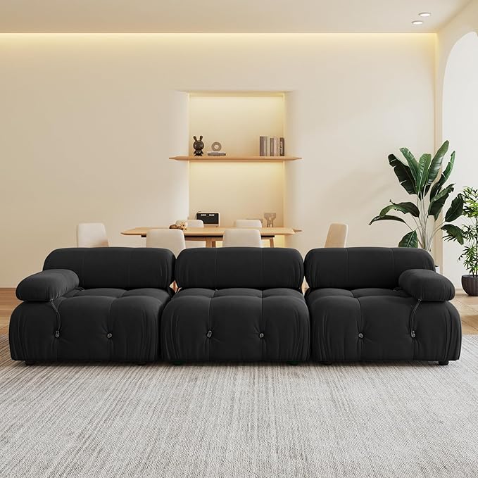 104'' Modular Sectional Sofa, Modern Luxury Velvet Bubble Couch, Deep Seat Cloud Sectional Black Couches for Living Room, Apartment (3 Seats, Black)