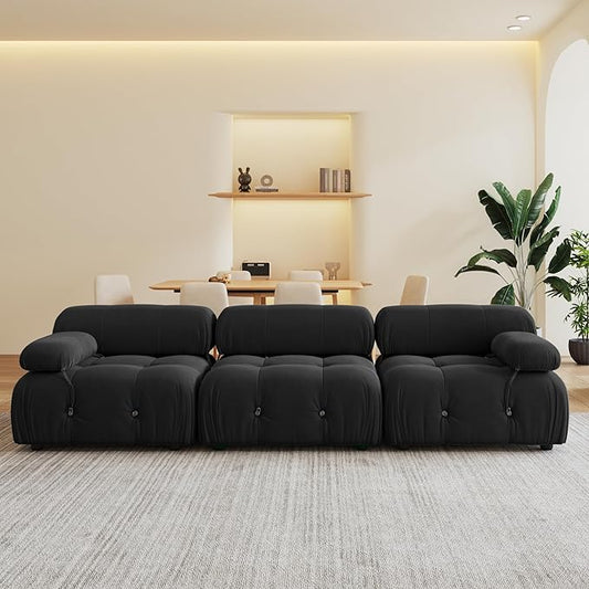 104'' Modular Sectional Sofa, Modern Luxury Velvet Bubble Couch, Deep Seat Cloud Sectional Black Couches for Living Room, Apartment (3 Seats, Black)