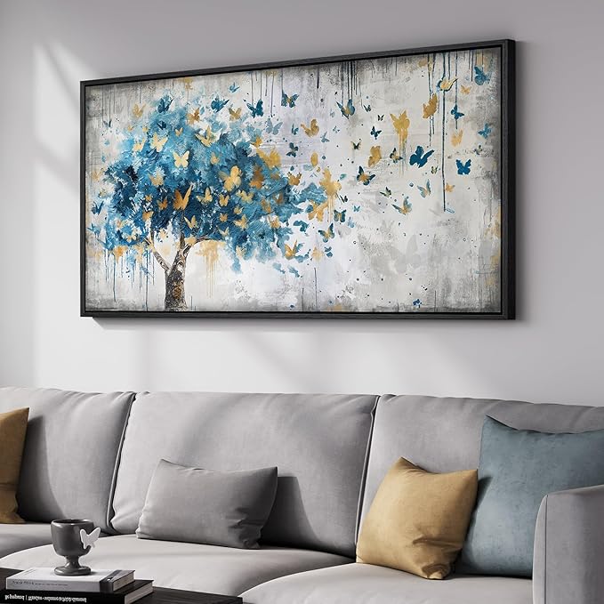 Framed Large Tree Wall Art, Blue and Gold Abstract Tree of Life Canvas Painting Print Artwork for Walls, Modern Golden Butterfly Picture for Living Room Bedroom Dining Room Hallway Wall Decor, 20x40
