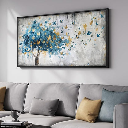 Framed Large Tree Wall Art, Blue and Gold Abstract Tree of Life Canvas Painting Print Artwork for Walls, Modern Golden Butterfly Picture for Living Room Bedroom Dining Room Hallway Wall Decor, 20x40